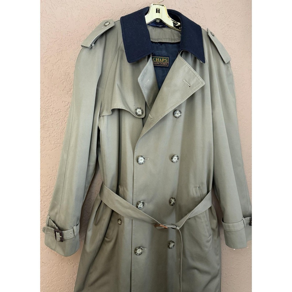 CHAPS RALPH LAUREN VTG Men Tan Trench Coat Double Breasted Wool Liner Belt 42 L